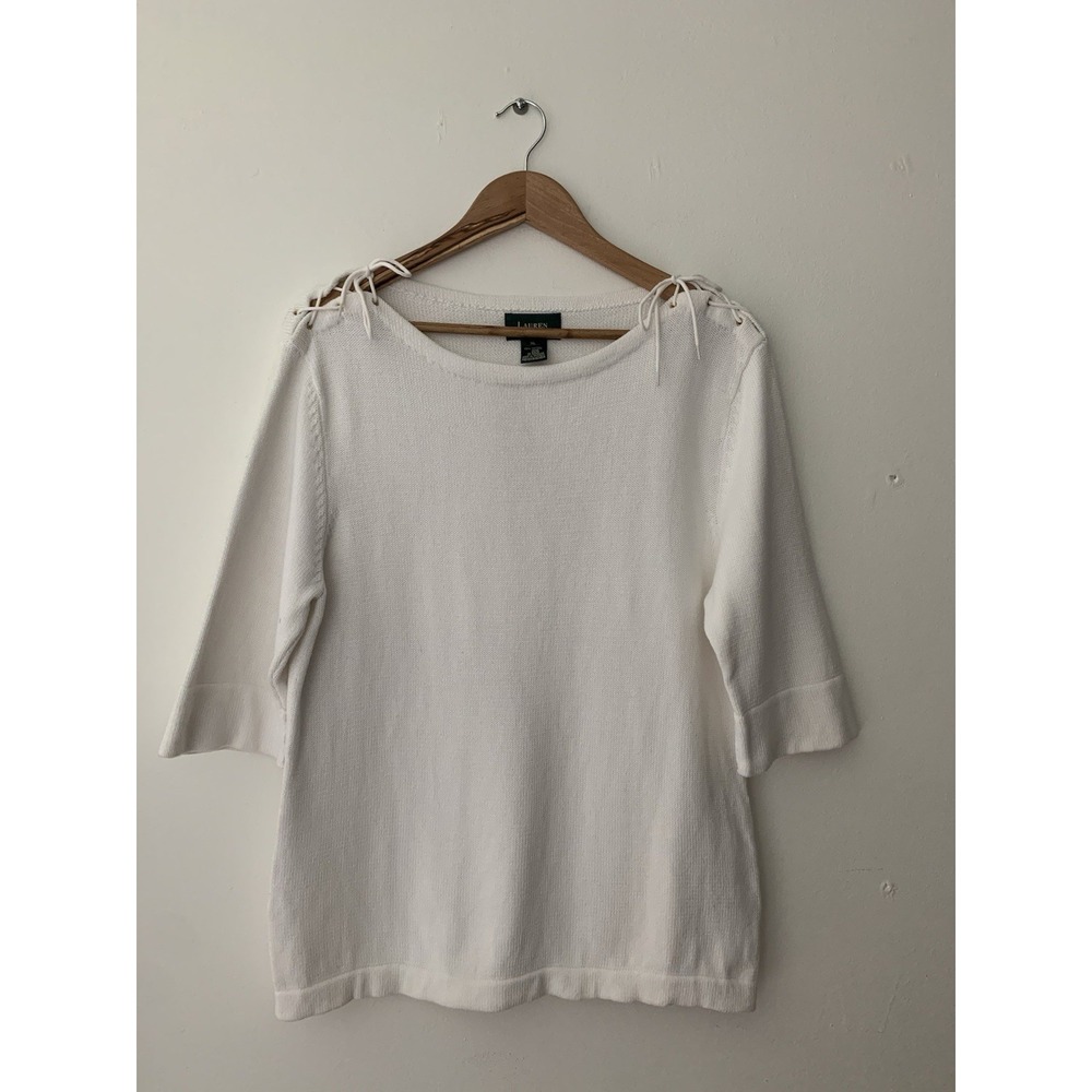 Lauren Ralph Lauren 100% Cotton Sweater Boat Neck Ties On Shoulders White SZ XL - Picture 1 of 8